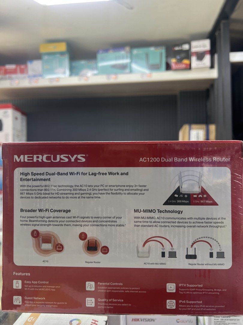 Mercusys AC1200 AC10 (Category: Networking) located in Manila. Submitted by kyrenparts (Listing ID 1457203543, Image 2). Description: Speed: 300 Mbps (2.4 GHz) for everyday tasks and 867 Mbps (5 GHz) for streaming or gaming.Coverage: 4× external 5dBi omni-directional antennas with Beamforming technology (on select models like the AC10) to target signals.Modes: Supports Router, Access Point, and Range Extender modes.Ports: Fast Ethernet or Full Gi