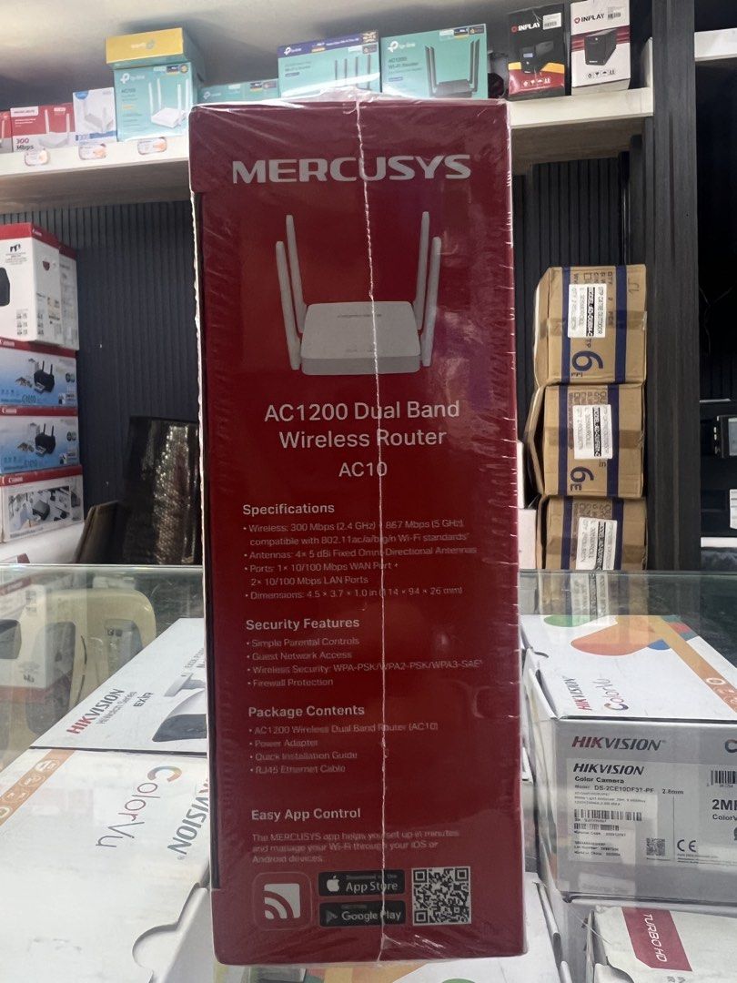 Mercusys AC1200 AC10 (Category: Networking) located in Manila. Submitted by kyrenparts (Listing ID 1457203543, Image 3). Description: Speed: 300 Mbps (2.4 GHz) for everyday tasks and 867 Mbps (5 GHz) for streaming or gaming.Coverage: 4× external 5dBi omni-directional antennas with Beamforming technology (on select models like the AC10) to target signals.Modes: Supports Router, Access Point, and Range Extender modes.Ports: Fast Ethernet or Full Gi