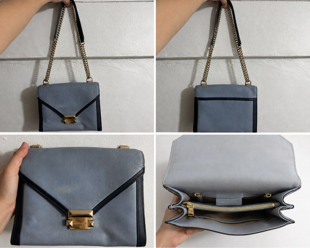 Michael Kors Light Blue Leather Chain Shoulder Bag (Category: Shoulder Bags) located in Manila. Submitted by vastmountain_c8d32d (Listing ID 1457315954, Image 1). Description: DECLUTTERRING Personal items ‼️ - Brand: Michael Kors - Color: Light Blue with Black Trim - Hardware: Gold (including chain strap) - Interior: Multiple compartments, 1 zip pocket - Versatile: Ideal for everyday or evening wear Original.
