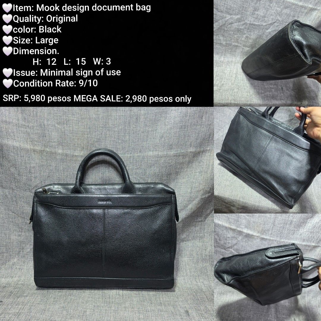 Mook Design Black Leather Large Document Bag (Category: Briefcases) located in Manila. Submitted by almonddy26 (Listing ID 1457315746, Image 1). Description: - Original Mook design document bag - Color: Black - Size: Large (H: 12, L: 15, W: 3) - Condition: 9/10 (minimal signs of use) - Original Price: P5,980 - MEGA SALE Price: P2,980.
