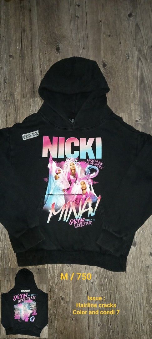 Nicki Minaj Pink Friday World Tour (Category: Hoodies) located in Imus. Submitted by pampie (Listing ID 1457314930, Image 1). Description: - Nicki Minaj Pink Friday World Tour Hoodie - Features iconic tour graphic on the front - Tour dates listed on the back - Size: Medium (M) - Condition: 7/10 (minor hairline cracks on graphic, still looks great).