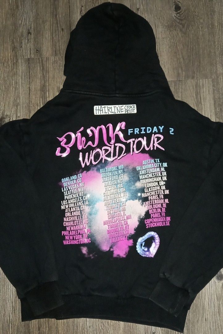 Nicki Minaj Pink Friday World Tour (Category: Hoodies) located in Imus. Submitted by pampie (Listing ID 1457314930, Image 2). Description: - Nicki Minaj Pink Friday World Tour Hoodie - Features iconic tour graphic on the front - Tour dates listed on the back - Size: Medium (M) - Condition: 7/10 (minor hairline cracks on graphic, still looks great).