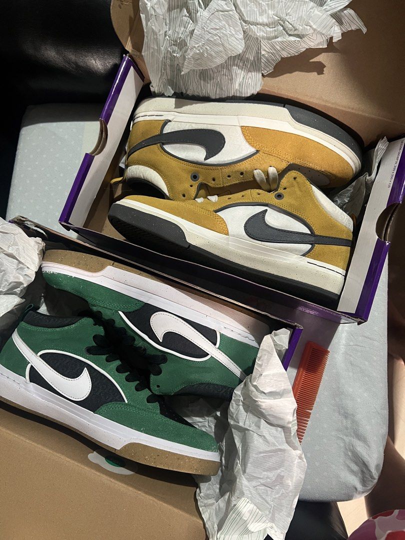Nike SB React Leo Sneakers (2 Pairs) (Category: Sneakers) located in Manila. Submitted by iambeloved_25 (Listing ID 1457219313, Image 1). Description: - Brand New Nike SB React Leo Sneakers - Available in 2 Colorways: - Mustard Yellow/Gold with Grey Swoosh - Dark Green with White Swoosh - Size: US Men's 10 / UK 9.5 / EUR 44 - Comes with Original Nike SB Boxes - Ideal for Skateboarding and Casual Wear.