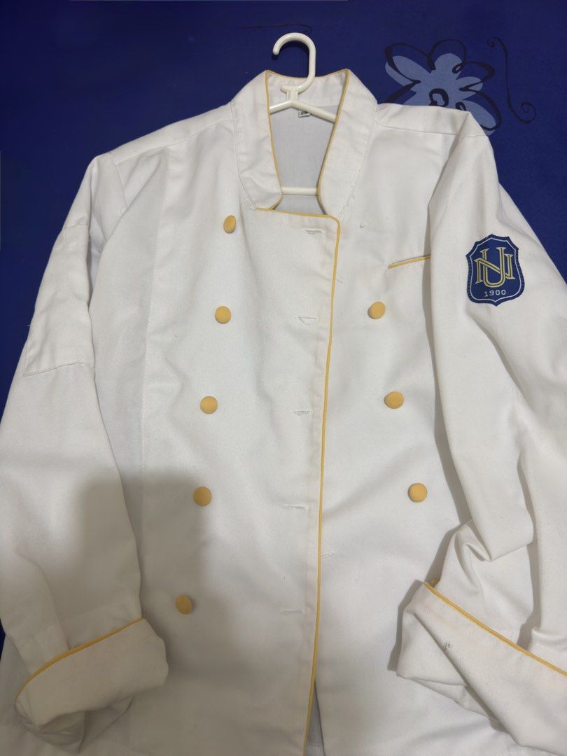 NU Chef's uniform w/pants, apron, chef's toque & cap (Category: Others Tops) located in Manila. Submitted by jamein (Listing ID 1457293366, Image 1). Description: National University Chef's Uniform - SIZE XS (Missing one button) Included: Chef's Pants - S Chef's white apron Chef's toque Bakers cap .