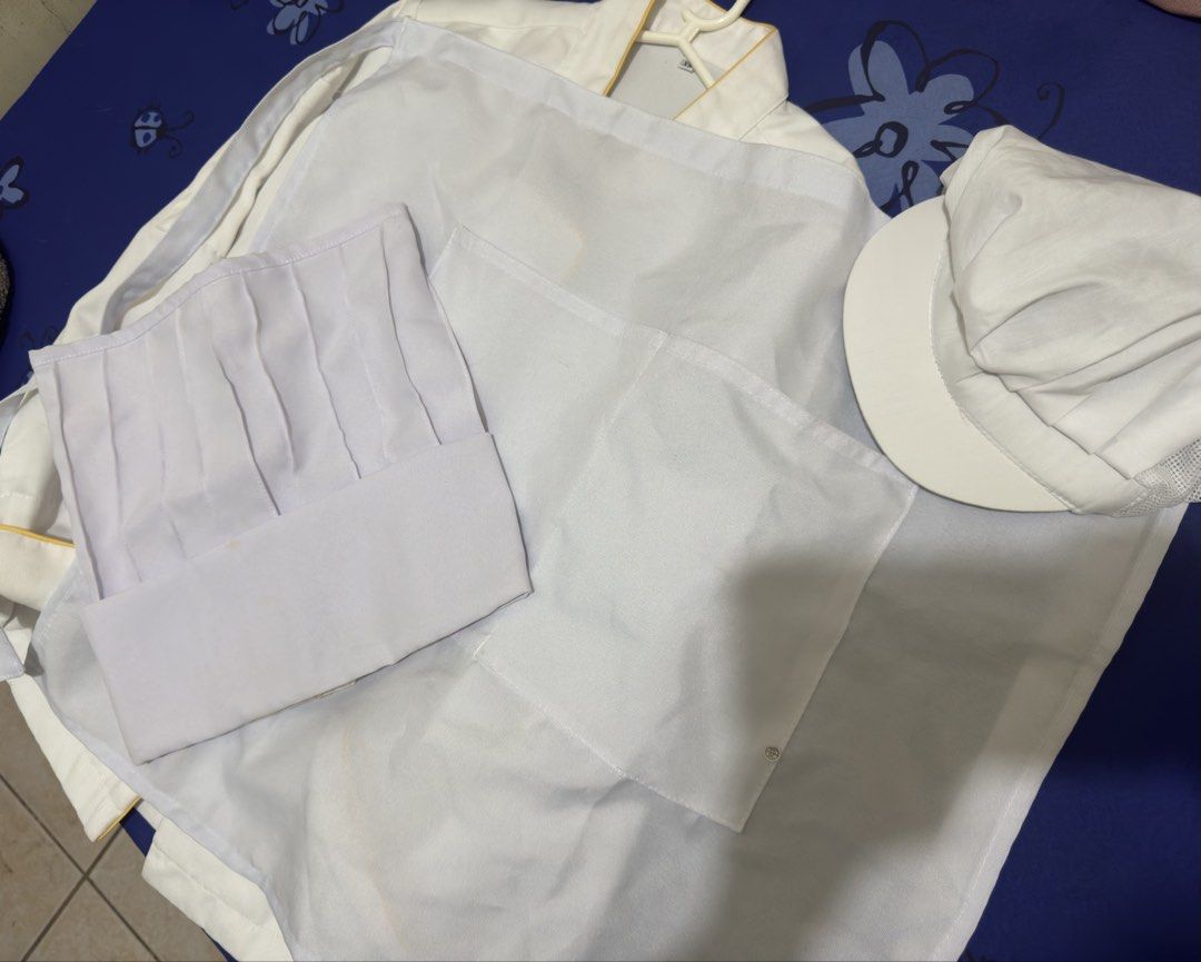NU Chef's uniform w/pants, apron, chef's toque & cap (Category: Others Tops) located in Manila. Submitted by jamein (Listing ID 1457293366, Image 3). Description: National University Chef's Uniform - SIZE XS (Missing one button) Included: Chef's Pants - S Chef's white apron Chef's toque Bakers cap .