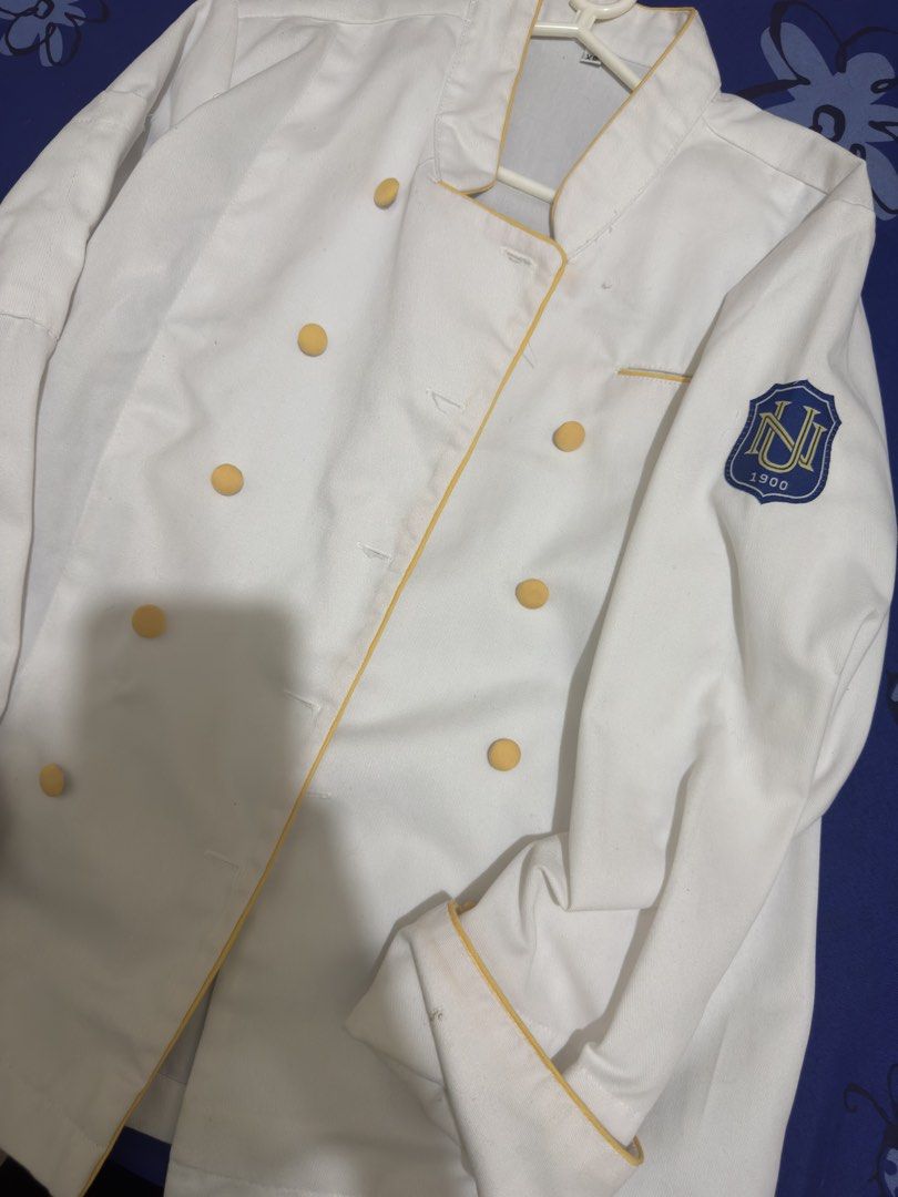 NU Chef's uniform w/pants, apron, chef's toque & cap (Category: Others Tops) located in Manila. Submitted by jamein (Listing ID 1457293366, Image 2). Description: National University Chef's Uniform - SIZE XS (Missing one button) Included: Chef's Pants - S Chef's white apron Chef's toque Bakers cap .