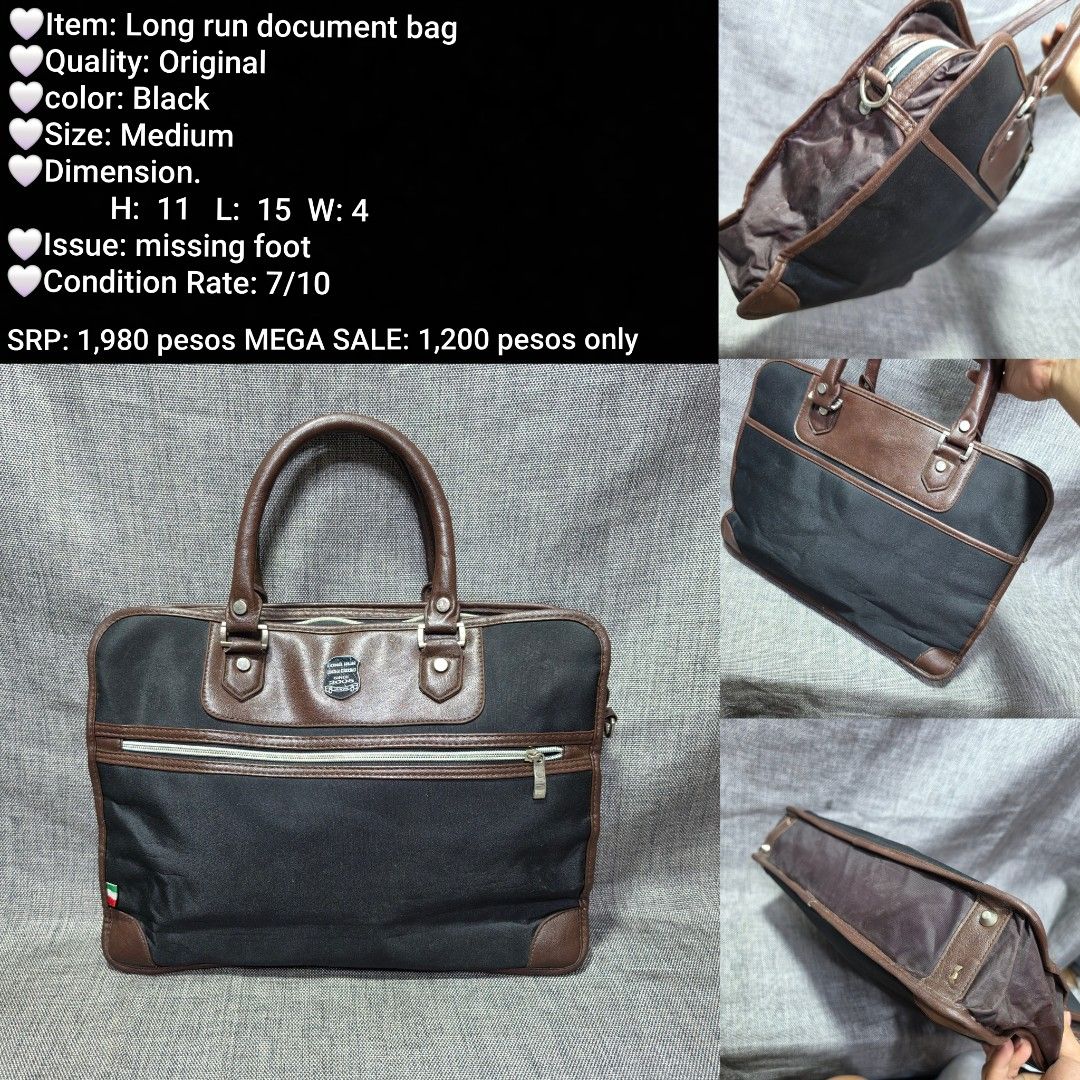 Original Black Medium Document Bag (Category: Briefcases) located in Manila. Submitted by almonddy26 (Listing ID 1457315683, Image 1). Description: - Original black document bag, medium size - Dimensions: Height 11, Length 15, Width 4 - Accents and handles made of brown leather - Note: One foot on the bottom is missing - Overall condition: 7/10 - Selling Price: P1,200 (Original Price: P1,980).