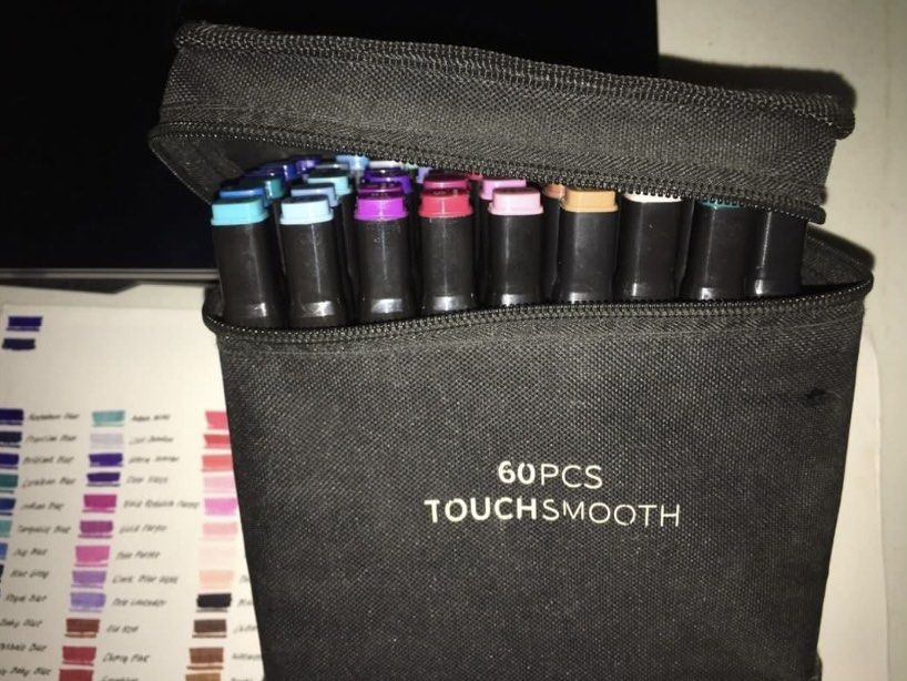 ALCOHOL MARKERS TOUCHSMOOTH 50pcs Marker Pen Set with Case (Category: Stationery & School Supplies) located in Rizal. Submitted by prelovedthreadsss (Listing ID 1457207119, Image 2). Description: - 50-piece TOUCHSMOOTH marker set - Includes black zippered case for storage and portability - Ideal for artists and crafters - Wide variety of colors available (see swatch sheet) - Used once only - Bought for 1,500 plus in Jolis España.