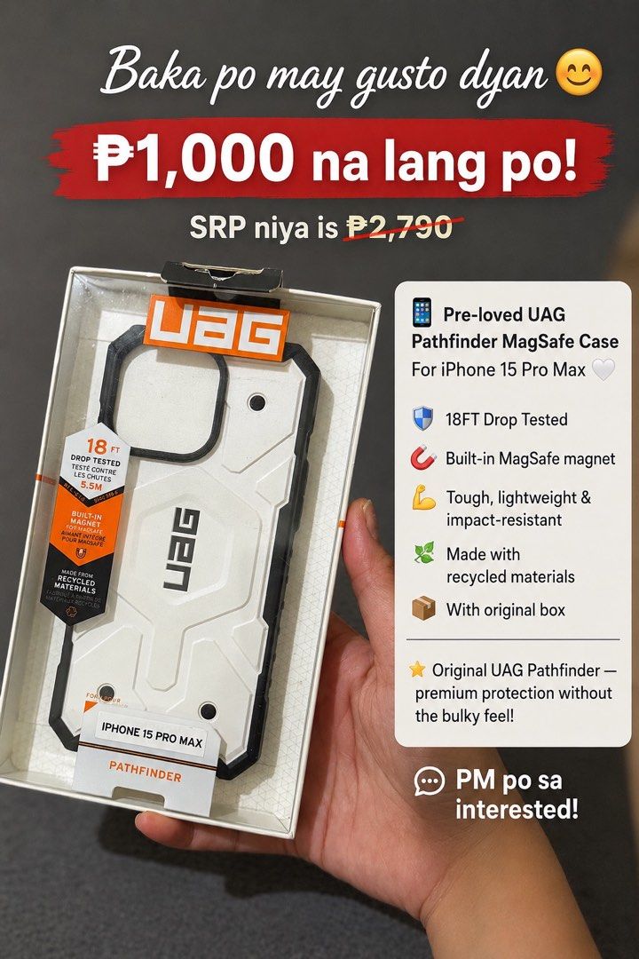 Original UAG case for iPhone 15 ProMax (Category: Cases & Sleeves) located in San Pedro. Submitted by cathy_paras (Listing ID 1457160811, Image 1). Description: Baka po may gusto dyan 😊 ₱1,000 na lang po! SRP niya is ₱2,790 📱 Pre-loved UAG Pathfinder MagSafe Case For iPhone 15 Pro Max 🤍 🛡️ 18FT Drop Tested 🧲 Built-in MagSafe magnet 💪 Tough, lightweight & impact-resistant 🌿 Made with recycled materials 📦 With original box Original UAG Path