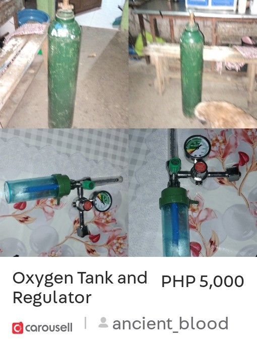 Oxygen Tank and Regulator Set (Category: Medical Supplies & Tools) located in Caloocan City. Submitted by ancient_blood (Listing ID 1457192128, Image 2). Description: - Complete Oxygen Tank and Regulator Set - Includes Flow Meter and Pressure Gauge - Green Oxygen Tank - Blue Humidifier Bottle - Ready for Immediate Use - Sold as a Set.