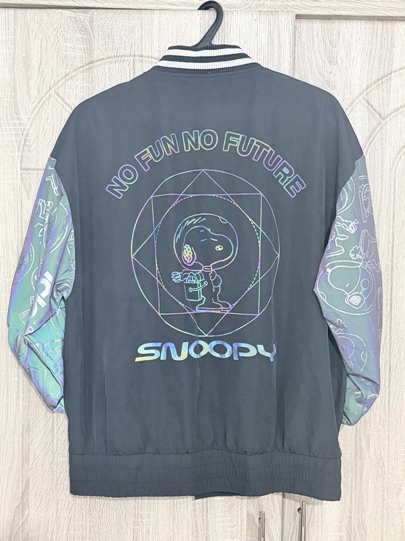 Peanuts Snoopy Bomber Jacket (Category: Coats, Jackets and Outerwear) located in Pasig City. Submitted by iambernabe (Listing ID 1457195452, Image 1). Description: - Cool Snoopy bomber jacket - "No Fun No Future" graphic on the back - Reflective sleeves with Snoopy graphics - Button-up front with pockets - Ribbed collar, cuffs, and hem - Ideal for casual wear Fits Small to Medium.