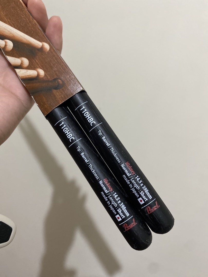 Pearl Drumsticks Hickory Black Lacquer 110HBC (Category: Musical Instruments) located in Pasig City. Submitted by k0pimonster (Listing ID 1457256562, Image 2). Description: - Brand: Pearl - Model: 110HBC - Material: Hickory - Finish: Black Lacquer - Tip Type: Barrel - Length: Normal/Short - Made in Japan.