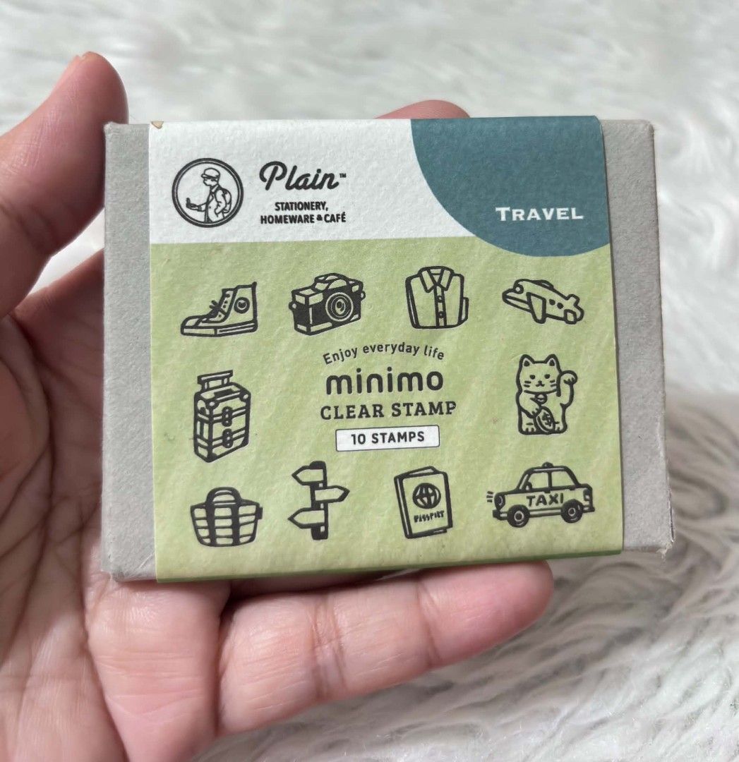 Plain Minimo Clear Stamp Set - Travel Theme (Category: Craft Supplies & Tools) located in Paranaque City. Submitted by dallecloset_ii (Listing ID 1457162350, Image 2). Description: Set of 10 clear travel-themed stamps (Plain brand). Includes cute icons like sneakers, camera, airplane, passport. Perfect for journaling, scrapbooking, and crafts. Brand new in original packaging..