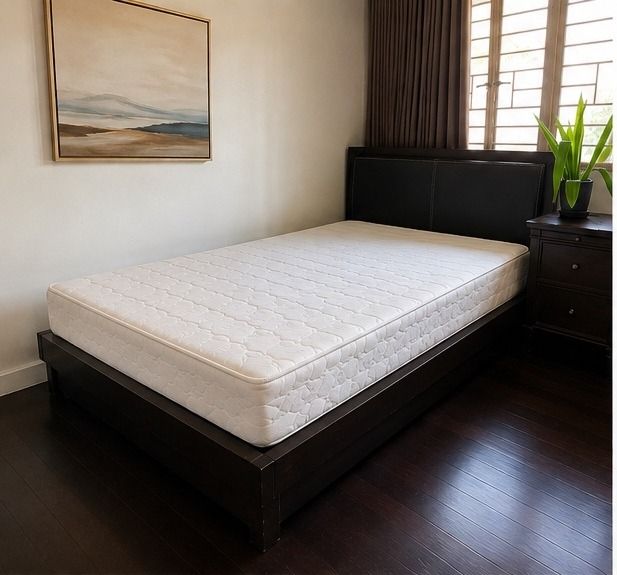 Queen Bed Frame, Mattress, and Topper Set (Category: Bed Frames & Mattresses) located in Makati City. Submitted by lockdownlad (Listing ID 1457154624, Image 2). Description: - Complete Queen Bed Set - Includes: Wood Bed Frame, Queen Mattress, Mattress Topper (Emma) - Ready to Use - Well-Kept Condition - From a Clean, Smoke-Free Home - Excellent Value for a Full Bedroom Setup.