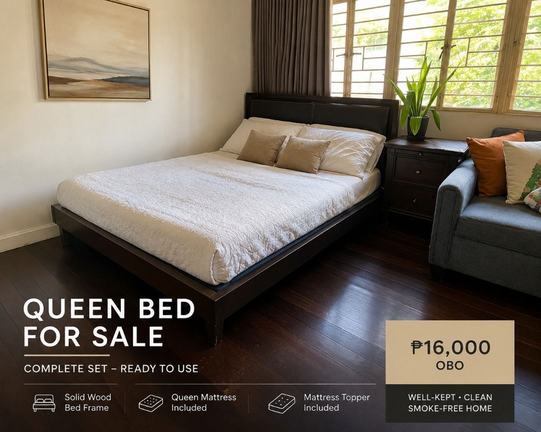 Queen Bed Frame, Mattress, and Topper Set (Category: Bed Frames & Mattresses) located in Makati City. Submitted by lockdownlad (Listing ID 1457154624, Image 1). Description: - Complete Queen Bed Set - Includes: Wood Bed Frame, Queen Mattress, Mattress Topper (Emma) - Ready to Use - Well-Kept Condition - From a Clean, Smoke-Free Home - Excellent Value for a Full Bedroom Setup.