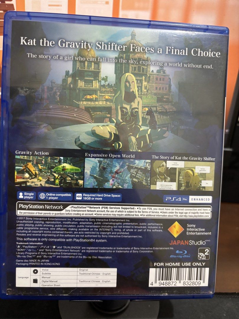 RARE PS4 PHYSICAL GAME - Gravity Rush 2 (Category: PlayStation) located in Taguig. Submitted by royalwolf_c54525 (Listing ID 1457229075, Image 2). Description: Asia/English Used only 1-3 times when i had my ps4 console. Market price is 100 USD pataas. Price is negotiable. Quality - box is old as it was stored in a storage box but disc itself is clean and no scratches. If want with gravity rush remastered, 8k.