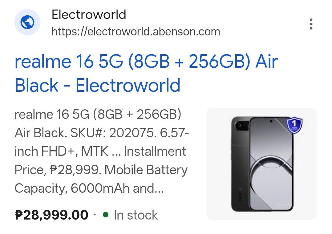 realme 16 5G (Category: Realme) located in Makati City. Submitted by anjelincloset (Listing ID 1457204354, Image 2). Description: Realme 16 5G, Air Black. 8GB RAM, 256GB Storage. Large 6000mAh battery. SRP: Php 28,999 Opened box to check unit and take photos. Complete inclusion, good as brandnew. Selling low for Php25,000 open for meet-up or pick-up only !!FOR SERIOUS BUYERS ONLY!!.