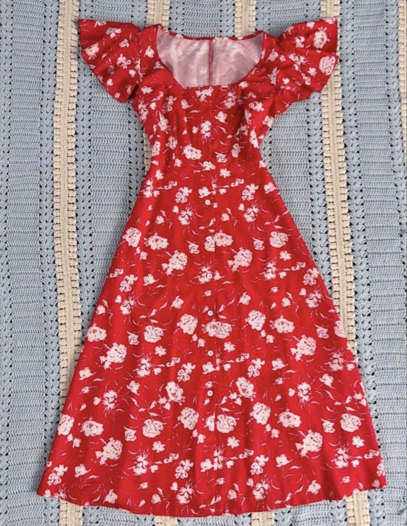 Red Floral Button Front Midi Dress (Category: Dresses) located in Quezon City. Submitted by queenthingss (Listing ID 1457295522, Image 3). Description: - Cute red midi dress - White floral print - Square neckline - Short flutter sleeves - Functional front buttons - Lightweight fabric, ideal for summer - Perfect for casual outings and picnics.