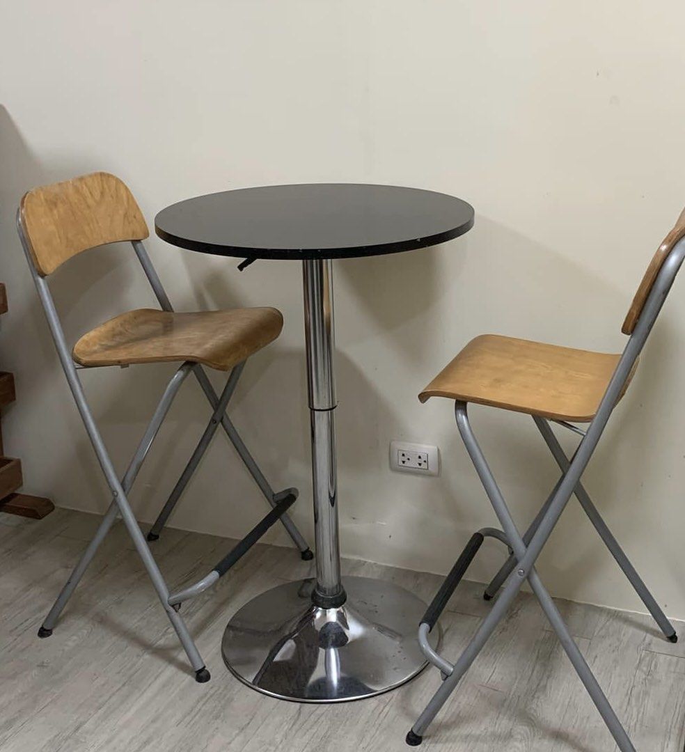 Round Black Bar Table (chairs not included) (Category: Tables & Sets) located in Manila. Submitted by merz_xxxxxxxa (Listing ID 1457305205, Image 2). Description: - Round black bar table - Sleek chrome pedestal base - chairs not included - Ideal for coffee shops or kitchen nooks MOP: gcash, maya, bank transfer MOD: pick-up, lalamove (c/o buyer).