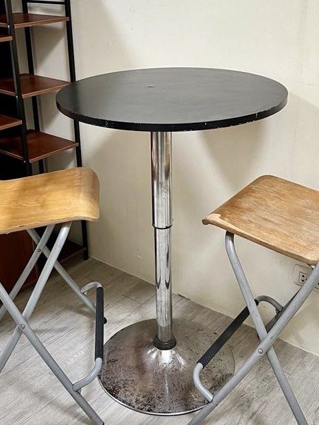 Round Black Bar Table (chairs not included) (Category: Tables & Sets) located in Manila. Submitted by merz_xxxxxxxa (Listing ID 1457305205, Image 1). Description: - Round black bar table - Sleek chrome pedestal base - chairs not included - Ideal for coffee shops or kitchen nooks MOP: gcash, maya, bank transfer MOD: pick-up, lalamove (c/o buyer).