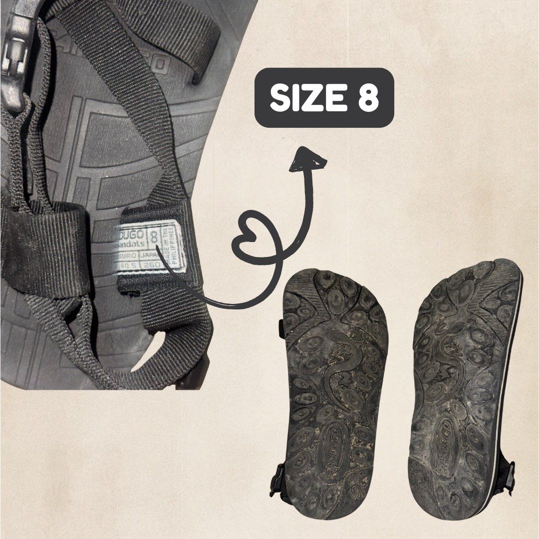 Sandugo Sandals Black Adjustable Straps (Category: Sandals) located in Makati City. Submitted by seuljinhae (Listing ID 1457309590, Image 2). Description: - Black Sandugo Sandals - Size 8 - Adjustable straps - Soles have some dirt from last use (only used once) - Great for hiking or canyoneering.