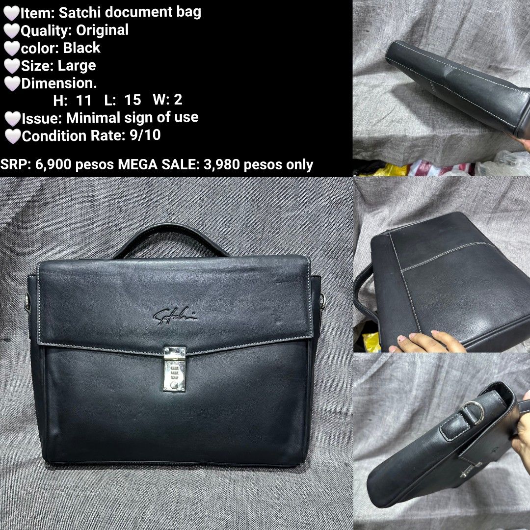 Satchi Original Black Leather Large Document Bag (Category: Briefcases) located in Manila. Submitted by almonddy26 (Listing ID 1457305224, Image 1). Description: - Original Satchi document bag - Color: Black - Size: Large (H: 11 inches, L: 15 inches, W: 2 inches) - Condition: 9/10 (minimal signs of use) - Original SRP: ₱6,900 - Selling Price: ₱3,980.