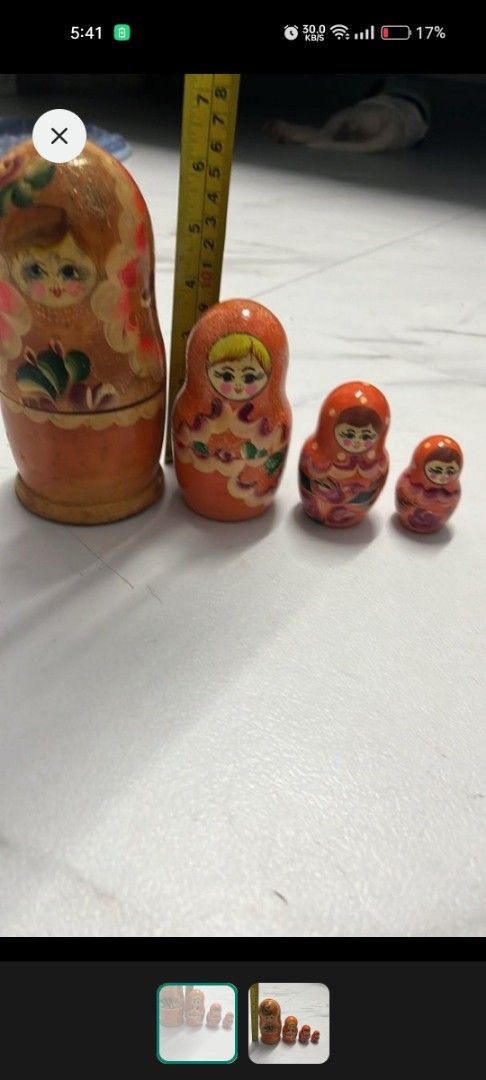 Set of 5 Russian Nesting Dolls (Category: Vintage Collectibles) located in Manila. Submitted by joanngoter49528 (Listing ID 1457234569, Image 2). Description: - Set of 5 traditional Russian nesting dolls (matryoshka). - Each doll is hand-painted with intricate folk art. - Largest doll measures approximately 18cm tall. - Dolls nest inside each other for easy storage. - Ideal for home decoration or as a unique gift..