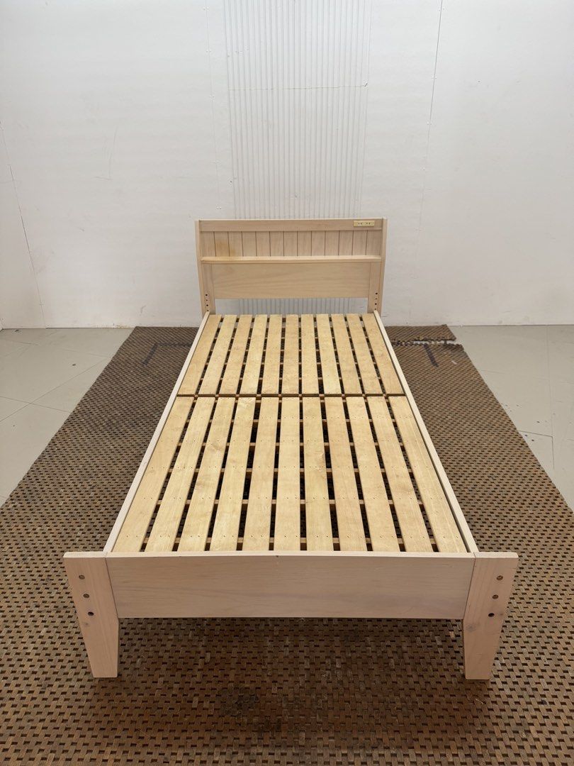 Single bed frame (Category: Bed Frames & Mattresses) located in Quezon City. Submitted by matetdevis13 (Listing ID 1457326891, Image 2). Description: Wooden Platform Single Bed Frame Price: 5,900 38 x 78 x 30.5/11 In good condition Code MJS20-R53.