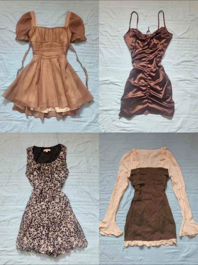 Take All 4 Assorted Dresses: Brown Satin, Leopard Print, Puff Sleeve (Category: Dresses) located in Quezon City. Submitted by alluring.avenue (Listing ID 1457211630, Image 1). Description: - Brown satin ruched mini dress with spaghetti straps - Brown puff-sleeve square neck dress with sheer overlay - Sleeveless leopard print mini dress - Brown pinafore-style dress with cream bell-sleeve top All are super cute styles!.