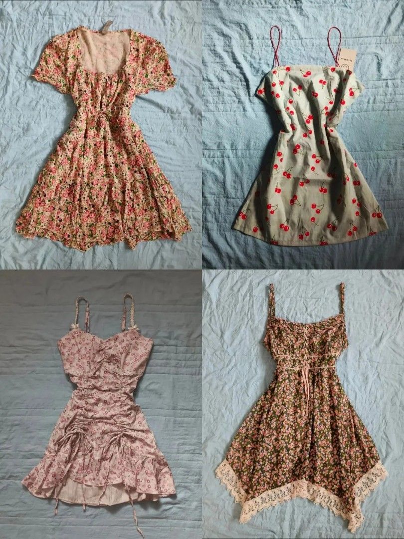 Take All Cute Floral & Cherry Print Dresses (Category: Dresses) located in Quezon City. Submitted by alluring.avenue (Listing ID 1457211105, Image 1). Description: - Bundle of 4 dresses - Features floral and cherry prints - Some with tie-up details and lace trim - Ideal for summer or casual wear - Sold as a set.