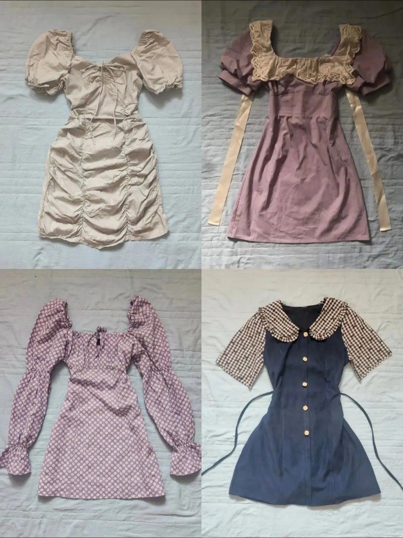 Take All Cute Puff Sleeve Dresses - Various Styles (Category: Dresses) located in Quezon City. Submitted by alluring.avenue (Listing ID 1457216756, Image 1). Description: - Beige ruched dress with puff sleeves - Lilac dress with lace trim and ribbon ties - Purple floral print dress with long puff sleeves - Navy dress with gingham collar and sleeves - All dresses have a charming vintage-inspired feel.