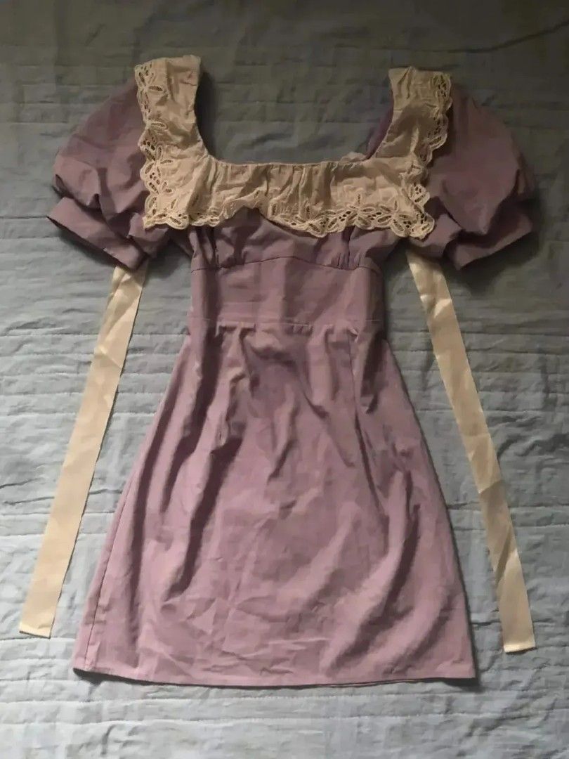 Take All Cute Puff Sleeve Dresses - Various Styles (Category: Dresses) located in Quezon City. Submitted by alluring.avenue (Listing ID 1457216756, Image 3). Description: - Beige ruched dress with puff sleeves - Lilac dress with lace trim and ribbon ties - Purple floral print dress with long puff sleeves - Navy dress with gingham collar and sleeves - All dresses have a charming vintage-inspired feel.