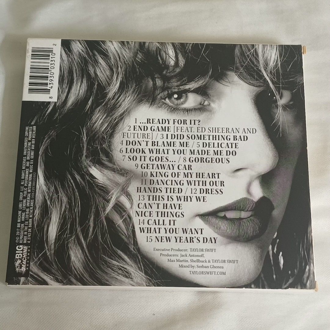 Taylor Swift - Reputation CD (Category: CDs & DVDs) located in Muntinlupa City. Submitted by litebritee (Listing ID 1457144444, Image 2). Description: Taylor Swift - Reputation CD: VG - NM - Slipcase has Some yellowing and Dirt but the jewel case is in good condition - poster has a small minor dent (not that noticeable) (Can Request More Photos).