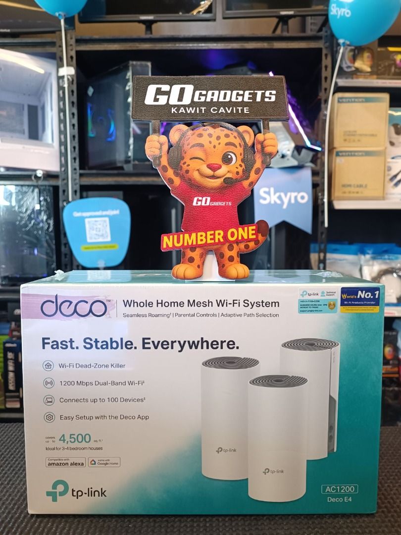 TP-Link Deco E4 AC1200 Whole Home Mesh WiFi System (3PACK) (Category: Networking) located in Caloocan City. Submitted by kentsalvador31 (Listing ID 1457198772, Image 1). Description: TP-Link Deco E4 (3-Pack) Solusyon sa mabagal na internet at patay na signal sa bahay! 🏠 Abot hanggang 4,500 sq. ft. ang matatag na dual-band coverage, perpekto para sa 3–4 bedroom houses at pwedeng ikonekta ang hanggang 100 devices nang dirediretso! 📶💥 💬 Message 