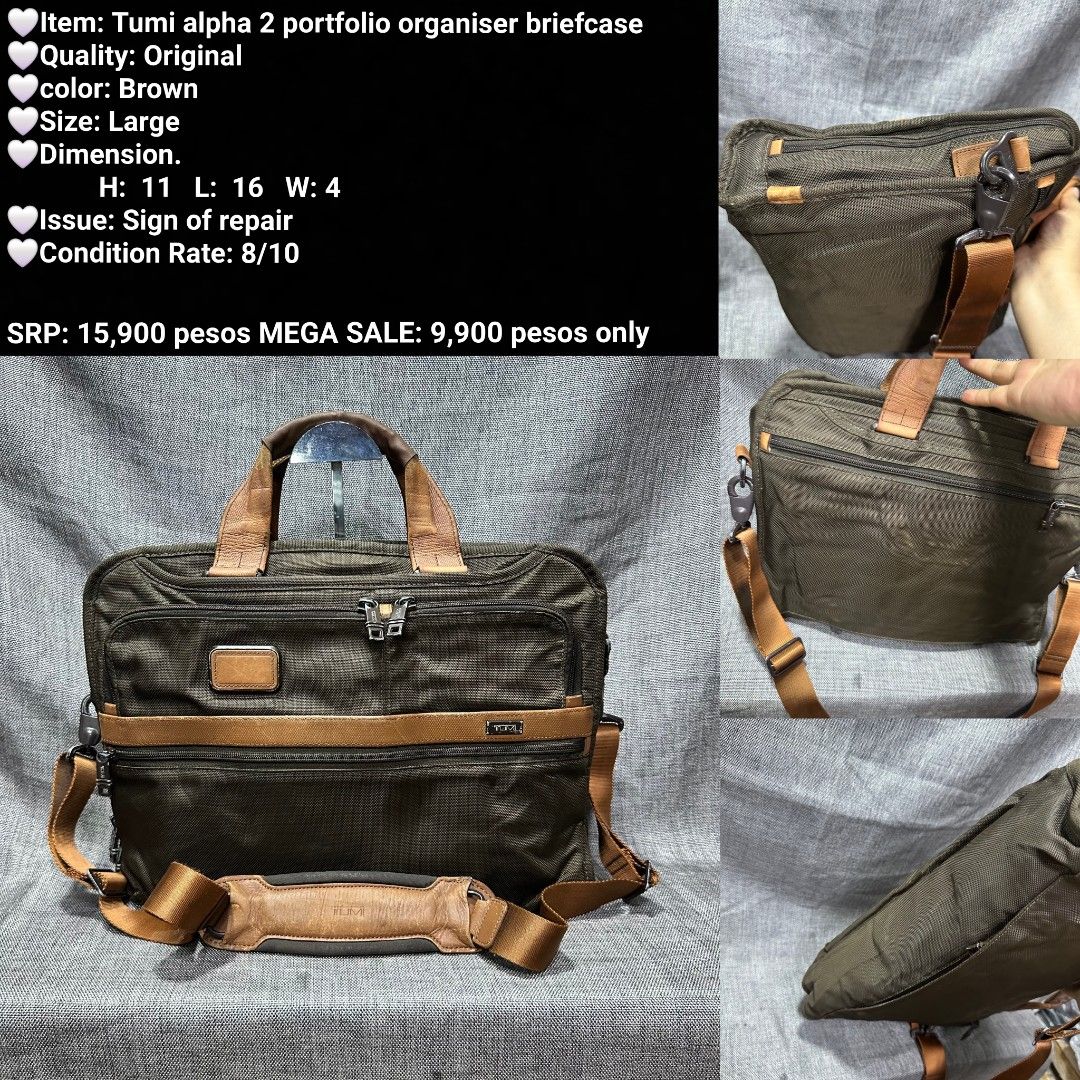 Tumi Alpha 2 Portfolio Organiser Briefcase - Large Brown (Category: Briefcases) located in Manila. Submitted by almonddy26 (Listing ID 1457308724, Image 1). Description: - Brand: Tumi - Model: Alpha 2 Portfolio Organizer Briefcase - Size: Large - Color: Brown - Dimensions: Height 11", Length 16", Width 4" - Original SRP: PHP 15,900 - MEGA SALE Price: PHP 9,900.