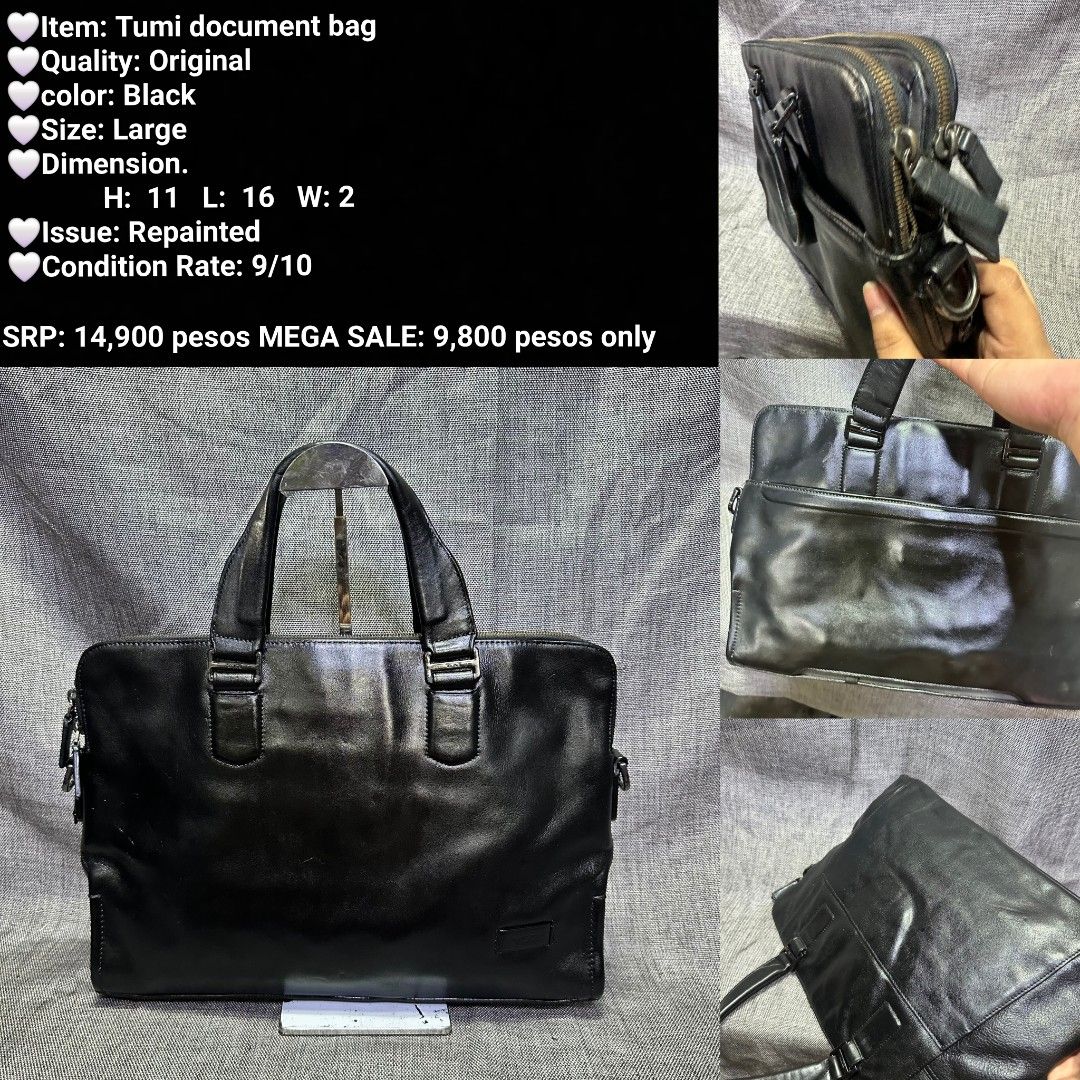 Tumi Original Black Leather Document Bag - Large (Category: Briefcases) located in Manila. Submitted by almonddy26 (Listing ID 1457301053, Image 1). Description: - Brand: Tumi - Color: Black - Size: Large - Dimensions: H: 11 inches, L: 16 inches, W: 2 inches - Condition: 9/10 (Repainted) - Original SRP: PHP 14,900 - MEGA SALE Price: PHP 9,800.