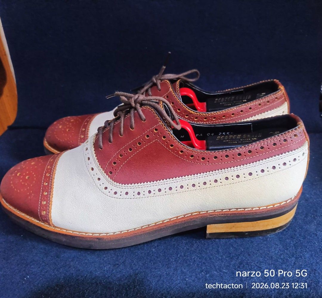 Two-Tone Leather Wingtip Brogues Oxfords (Category: Dress Shoes) located in Santo Tomas. Submitted by pickers_corner (Listing ID 1457176807, Image 3). Description: JOSHUA Hommie Scotch Grain two-tone wingtip spectator oxford dress shoes size M on tav actual insole 26cm very good condition minimal issue - Classic two-tone wingtip brogues - Combination of brown leather and cream suede - Features perforated details throughout - Secure lace-up closur