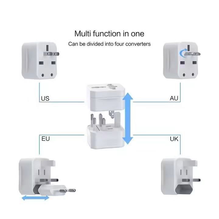 Universal Travel Adapter Multi-Function 4 Converters (Category: Cables & Adaptors) located in Manila. Submitted by iliasjen3082126 (Listing ID 1457259739, Image 2). Description: - Universal travel adapter for worldwide use - Includes 4 interchangeable plug converters: US, AU, EU, UK - Ideal for international travel, studying abroad, and business trips - Compatible with hair dryers, shavers, mobile phones, laptops, music players, cameras, and more