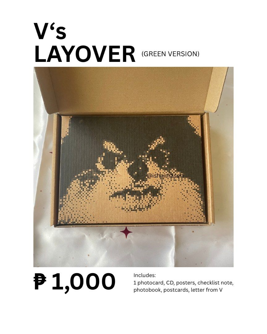 V Layover Album (Green) (Category: CDs & DVDs) located in Los Banos. Submitted by ishaimasen (Listing ID 1457224741, Image 3). Description: WTS: V’S Layover Album 💚 ₱800 - Includes: 1 photocard, CD, posters, checklist note, photobook, postcards, letter from V Delivery fee will be covered by you 🇵🇭 Can ship via Flash, J&T, LBC, and Lalamove Can ship internationally as well 💖 ~~~ .