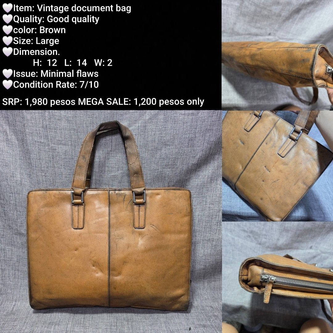 Vintage Brown Leather Document Bag - Large (Category: Briefcases) located in Manila. Submitted by almonddy26 (Listing ID 1457315842, Image 1). Description: - Vintage brown leather document bag - Large size: H: 12, L: 14, W: 2 inches - Good quality construction - Minimal flaws, as shown in photos - Condition: 7/10 - Original Price: 1,980 pesos - Mega Sale Price: 1,200 pesos only!.