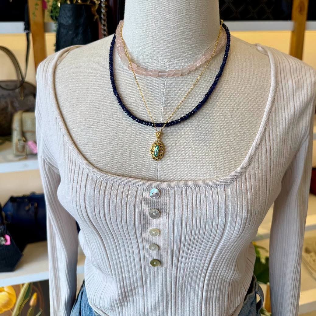Vintage Gold-Plated Silver Iridescent Shell Pendant (Category: Necklaces) located in Baguio. Submitted by asna_taku (Listing ID 1457171198, Image 2). Description: ✨ Vintage Gold-Plated Silver Iridescent Shell Pendant ✨ A gorgeous little vintage treasure with an iridescent shell center flashing beautiful blue, green and warm tones, framed with intricate detailing and sparkling marcasite accents. ✨ The vintage gold-plated finish gives this piece a 