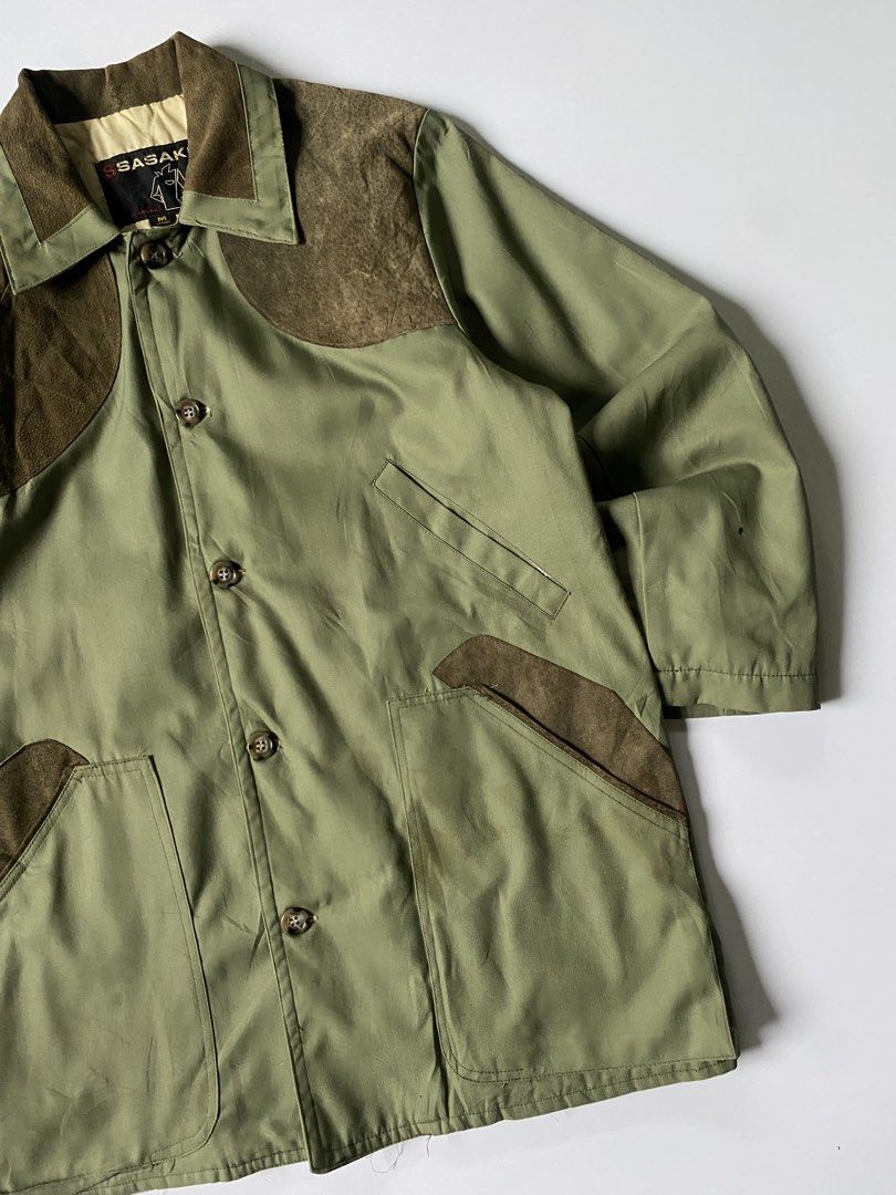 Vintage Sasaki Patchwork Hunting Jacket (Category: Coats, Jackets and Outerwear) located in Baguio. Submitted by the_gunstore (Listing ID 1457201293, Image 2). Description: Size tagged: M Issue: Pinhole, Stains Width:21.5 Length:29.5 Shoulder:17 Sleeve:21.