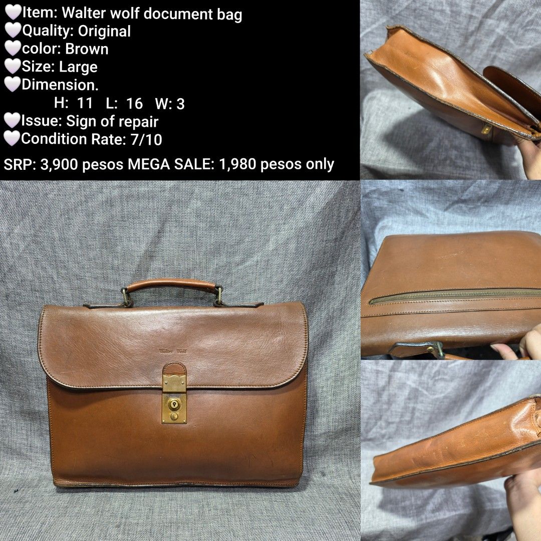 Walter Wolf Original Brown Leather Large Document Bag (Category: Briefcases) located in Manila. Submitted by almonddy26 (Listing ID 1457316968, Image 1). Description: - Original Walter Wolf document bag - Color: Brown - Size: Large (H: 11 inches, L: 16 inches, W: 3 inches) - Condition: 7/10 (has a sign of repair) - Original Price: P3,900 - Sale Price: P1,980 only!.