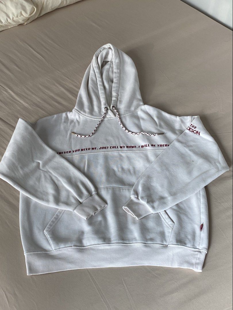 White Hoodie "The Jackson" (Category: Hoodies) located in Makati City. Submitted by dcltering_unicorn (Listing ID 1457320662, Image 1). Description: ♡ 𝙖𝙗𝙤𝙪𝙩 𝙩𝙝𝙚 𝙞𝙩𝙚𝙢 ♡ ✿ brand: WVUR Project ✿ size: length: 22 in ; width: 22 in ✿ color: white ✿ style: hoodie, “The Jackson” embroidery on sleeve and song quote across chest ✿ issues: minor stains and subtle signs of usage, but adds character to the piece ✿ rfs: decluttering, too many jack
