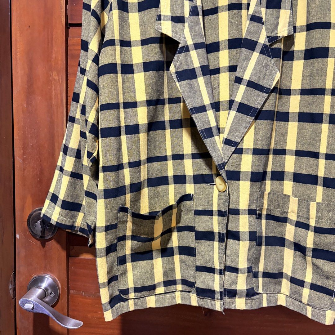 Yellow & Black Plaid Casual Blazer (Category: Coats, Jackets and Outerwear) located in Manila. Submitted by ciiii1 (Listing ID 1457310020, Image 2). Description: Condition: Slightly Used / Excellent Condition Size: Fits Medium to XL (Relaxed Fit) Color: Yellow & Black Plaid / Checkered Quick Details: Single-button closure with classic lapel collar Practical front utility pockets Vibrant checkered pattern that adds a pop of style to casual or smar