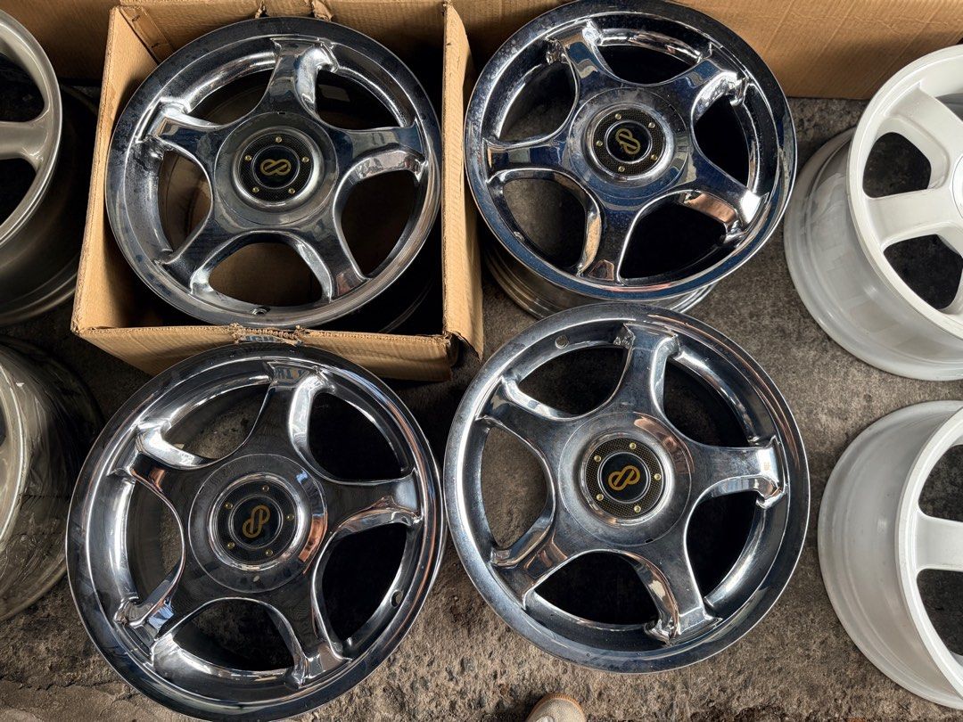 15” Enkei design chrome code PS962 mags 4Holes pcd 100-114 (Category: Mags and Tires) located in Quezon City. Submitted by mindanaotyrehaus (Listing ID 1457493899, Image 1). Description: 4pcs 15” Enkei code PS962 Chrome Used magwheels 4 Holes pcd 100-114 15x6.5 width/ offset 45 good condition, no bengkong, scratch due to usage Sold as set 4pcs for 11,000 mags only *price may change without prior notice *txt or call us to check availability * fix 