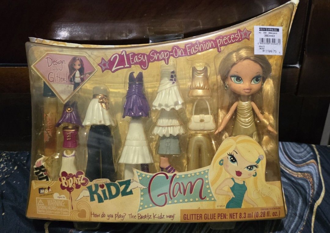 2008 Bratz Kidz Glam Cloe doll set (Category: Kids Toys) located in Pasig City. Submitted by dolliesandpastels (Listing ID 1457483211, Image 1). Description: Selling a highly collectible, factory-sealed Bratz Kidz Glam Cloe doll set released by MGA Entertainment back in 2008. This is the rare "Glam" variant pack featuring the larger assortment of mix-and-match pieces. Perfect for vintage doll collectors and Bratz enthusiasts Condition: Brand New 