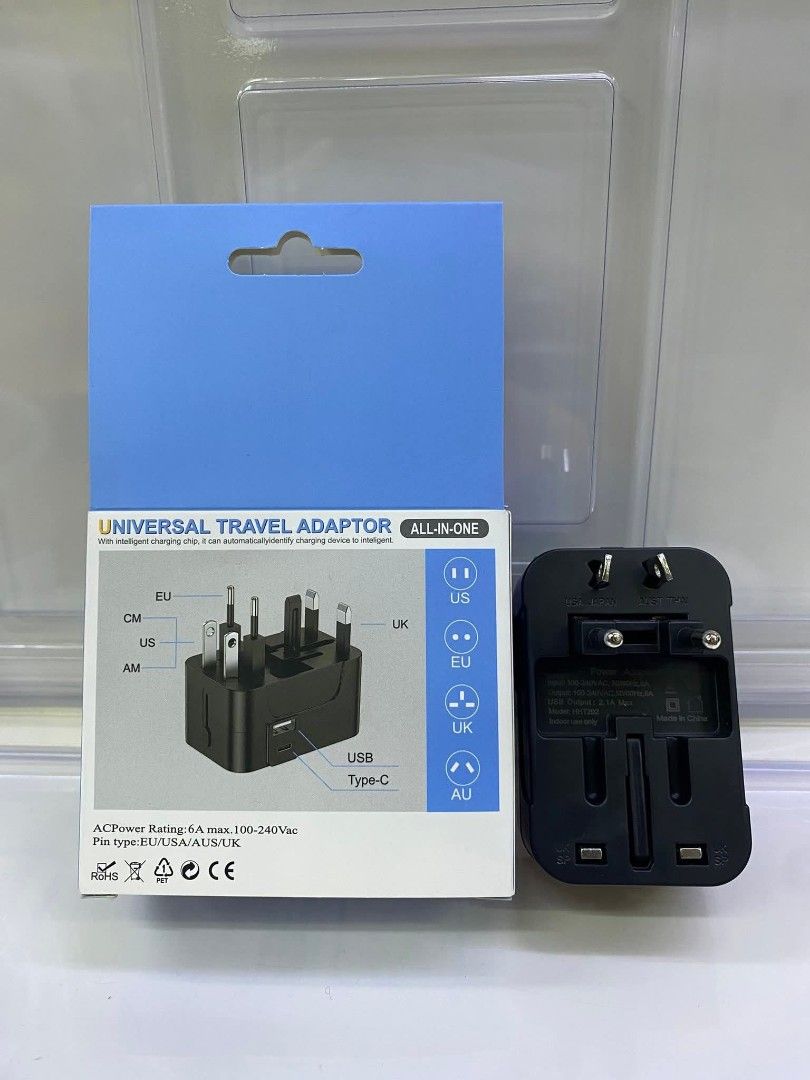 All-in-One Universal Travel Adapter with USB Type-C (Category: Cables & Adaptors) located in Manila. Submitted by iliasjen3082126 (Listing ID 1457458886, Image 2). Description: - Universal travel adapter, works in over 150 countries. - Includes USB output (2400mA max, +5Vdc) for charging devices. - Also features a USB Type-C port. - Compact and easy to carry, ideal for all your travel needs..