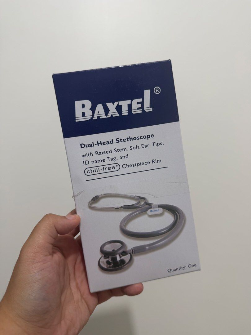 Baxtel Stethoscope (Category: Medical Supplies & Tools) located in Quezon City. Submitted by cvm2214 (Listing ID 1457424592, Image 1). Description: Dual-head stethoscope with raised stem, soft ear tips, ID name tag and chill-free chestpiece rim. Rfs: got a new gift stethoscope.