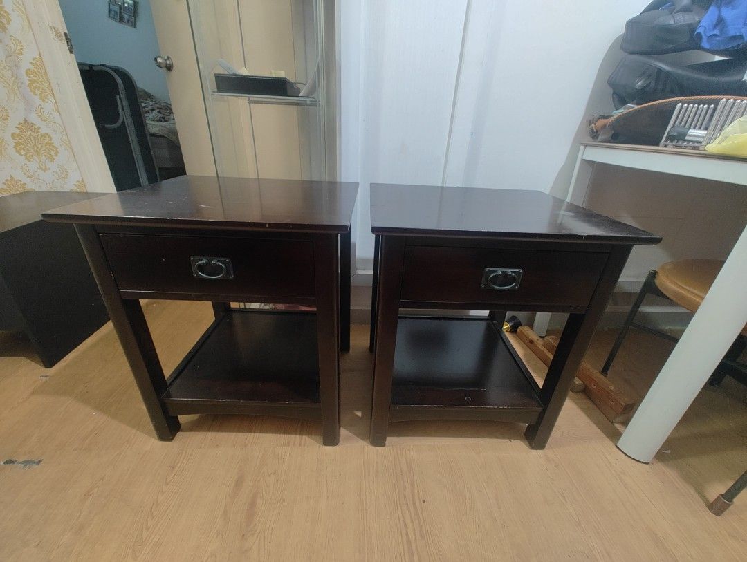 BEDSIDE TABLE (Category: Tables & Sets) located in Singapore. Submitted by fhari7 (Listing ID 1457465678, Image 2). Description: BedSide Table 2 for $60 in a good condition stain and abit of crack below as shown on the photo Measurement H 45cm L 60cm W 43cm collect marsiling.